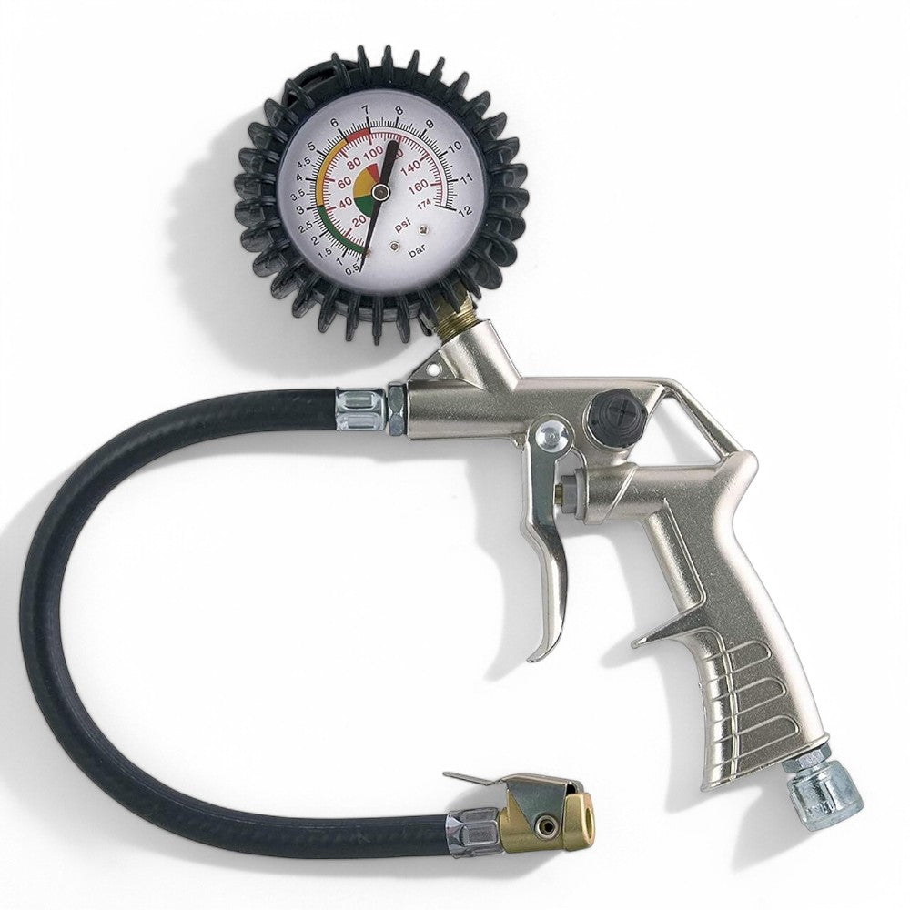 Pistola gonfiaggio aria con tubo PVC 400 mm corpo alluminio manometro 60 mm scala 0-12 bar leva e pulsante scarico