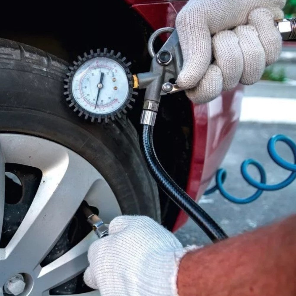 Pistola gonfiaggio aria con tubo PVC 400 mm corpo alluminio manometro 60 mm scala 0-12 bar leva e pulsante scarico