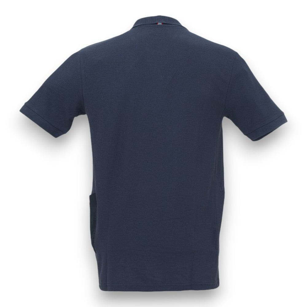 Polo manica corta slim fit deep blue tessuto piquet polycotone elastico bordo manica costine tre bottoni tasca portacellulare