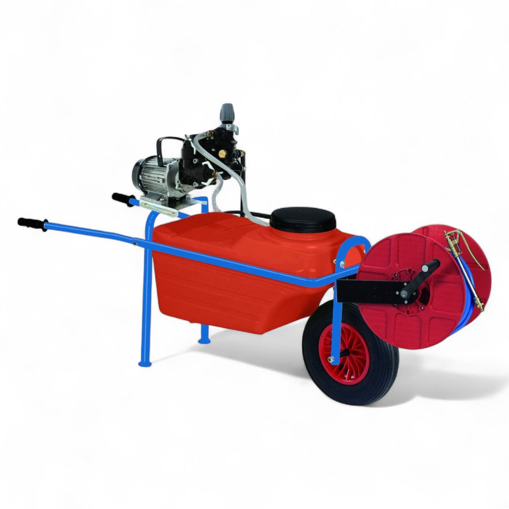 Pompa irroratrice alta pressione 1.25 HP con carrello per irrorazione 70 lt.