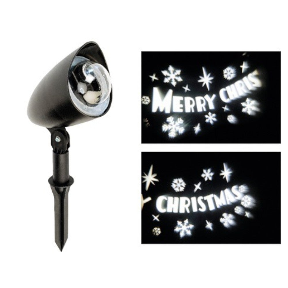 Proiettore led per esterni con angolazione regolabile decoro scritta merry christmas bianca certificazione ip44 trasformatore 6v6 watt