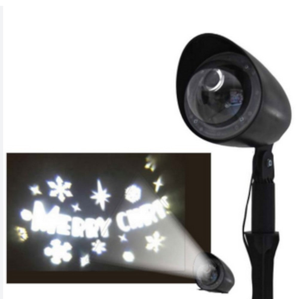 Proiettore led per esterni con angolazione regolabile decoro scritta merry christmas bianca certificazione ip44 trasformatore 6v6 watt