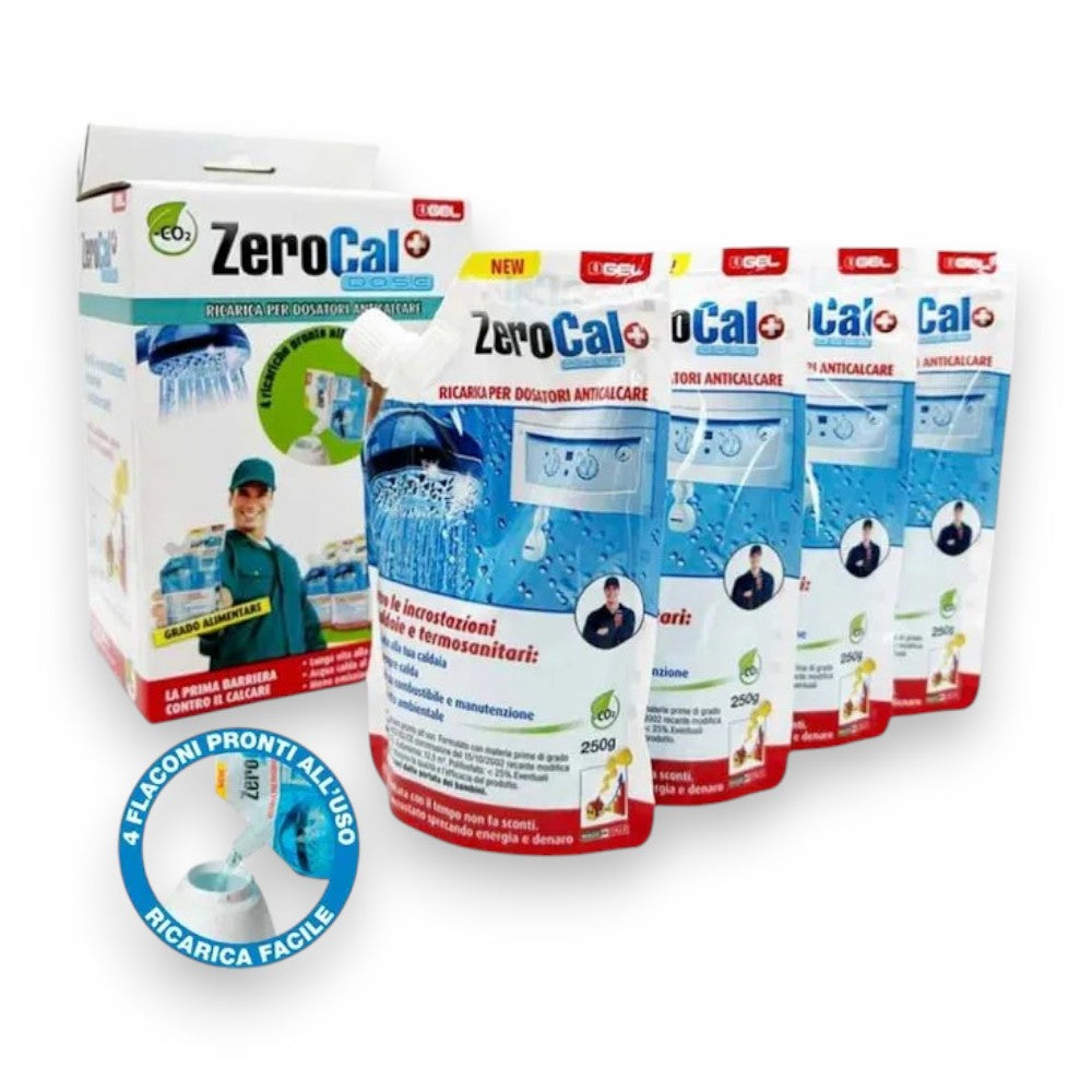 Ricariche in flaconi per anticalcare su caldaie e impianti idrici dose 250 ml Zerocal confezione 4 pezzi