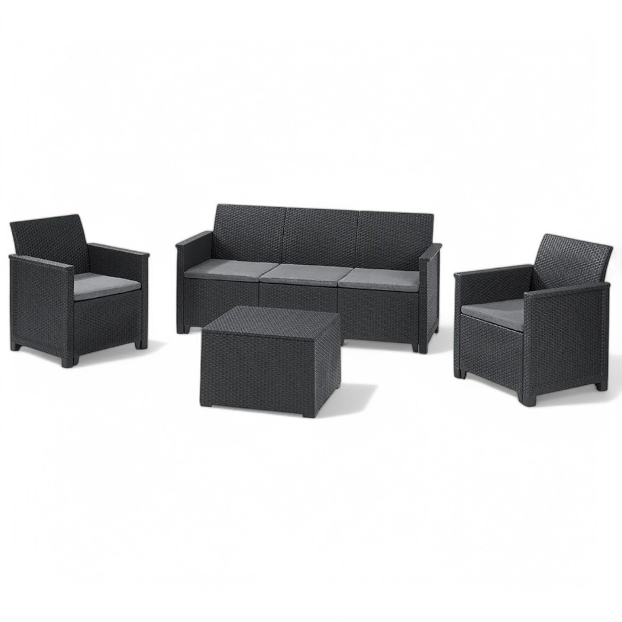 Salotto per esterno in resina effetto rattan 2 poltrone 1 divano triposto e 1 tavolino Emma Lounge