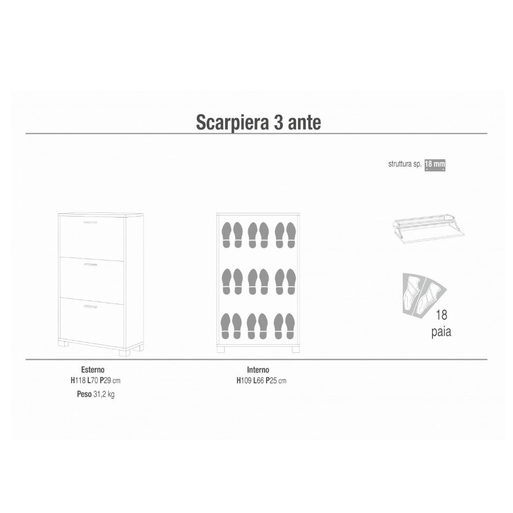Scarpiera 3 ante bianco fiammato noce marrone MDF 70x29x118 cm salva spazio design moderno funzionale organizzazione