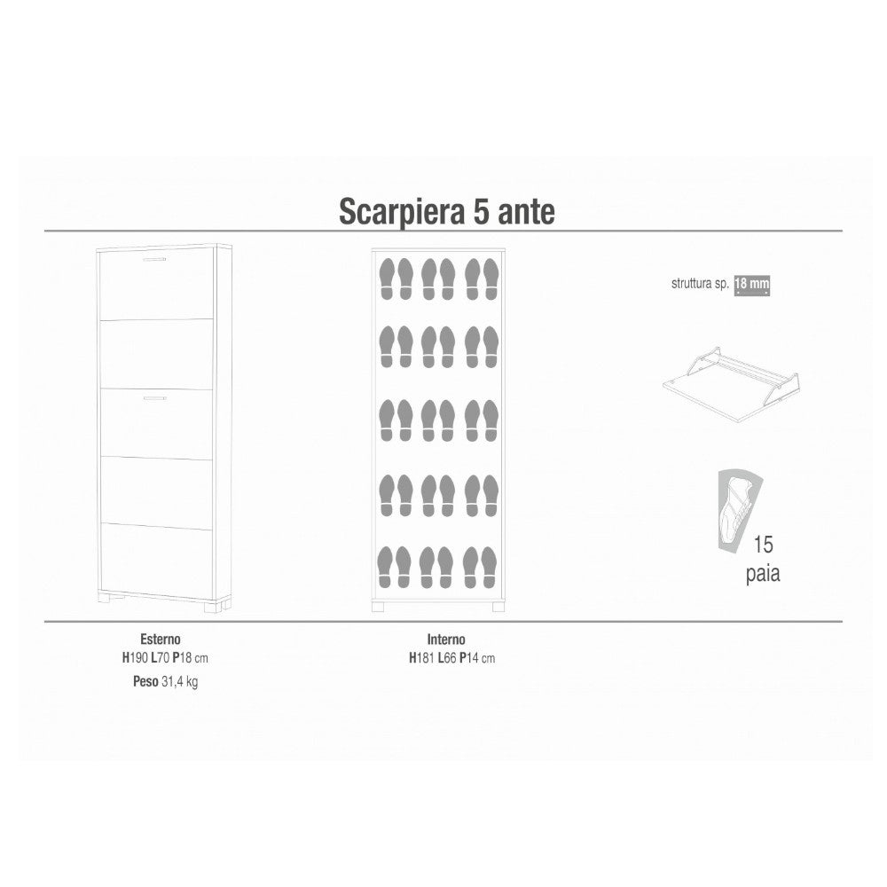 Scarpiera salvaspazio 5 ante bianca in MDF noce stelvio con profondità 18 cm per organizzare calzature