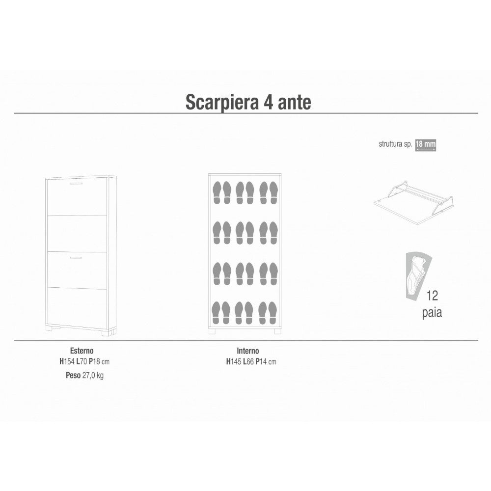 Scarpiera salvaspazio quattro ante MDF titanio effetto quercia bianco profondità 18 cm per organizzare scarpe