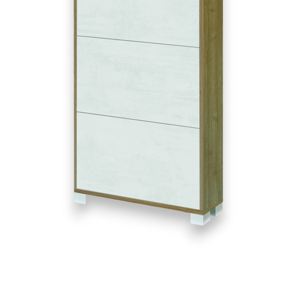 Scarpiera tre ante legno MDF Noce Stelvio e bianco salvaspazio sottile 70x18x118 cm per ingresso moderno