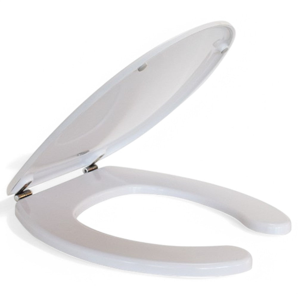 Sedile wc ergonomico universale per disabili in termoindurente bianco con apertura frontale e cerniere inox