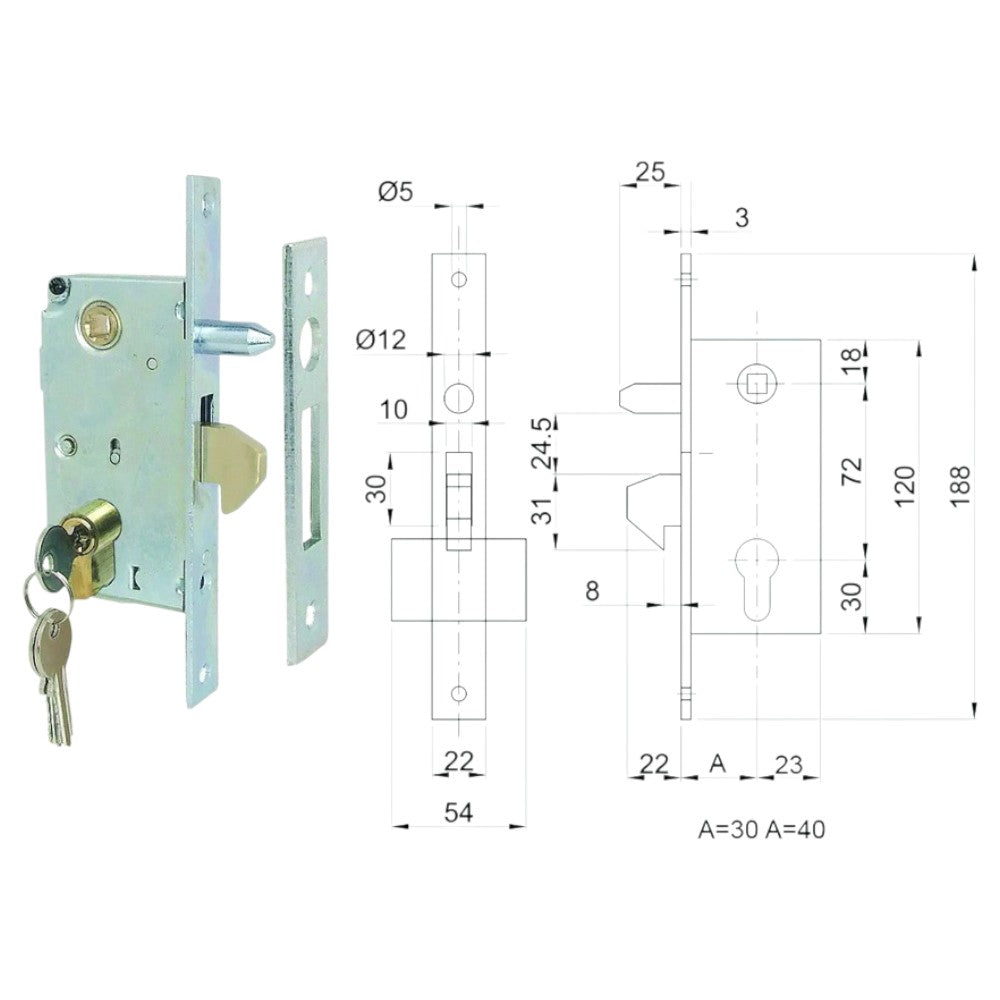 Serratura infilare per cancello con gancio acciaio zincato perno fisso cilindro 54 mm chiusura sicurezza 1 mandata 3 chiavi