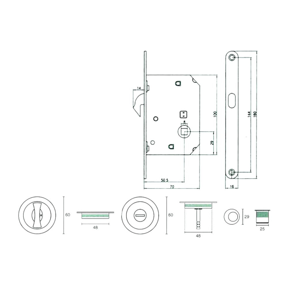 Serratura a infilare per porte scorrevoli tondo cromo satinato