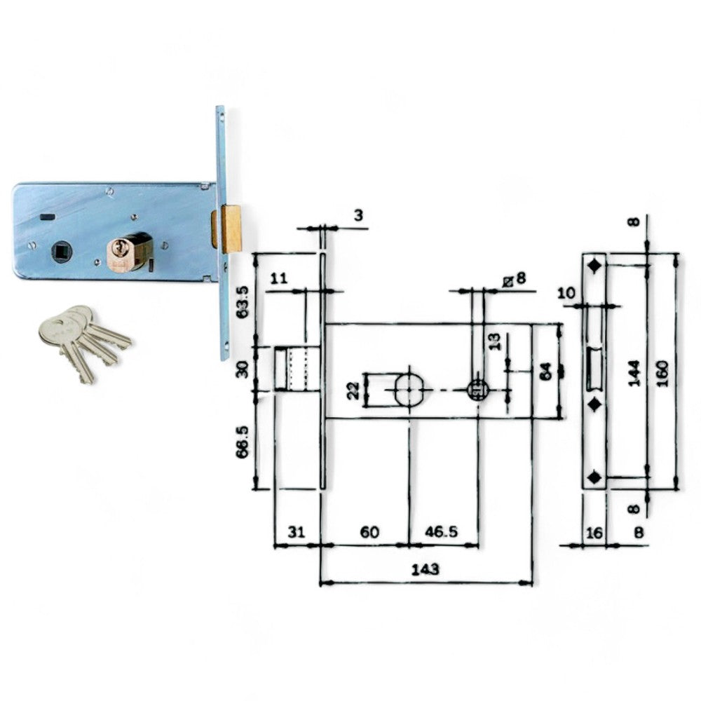 serratura da infilare per fasce in acciaio zincato con catenaccio e scrocco integrato ottone cilindro sfaccettato con diametro 22 mm
