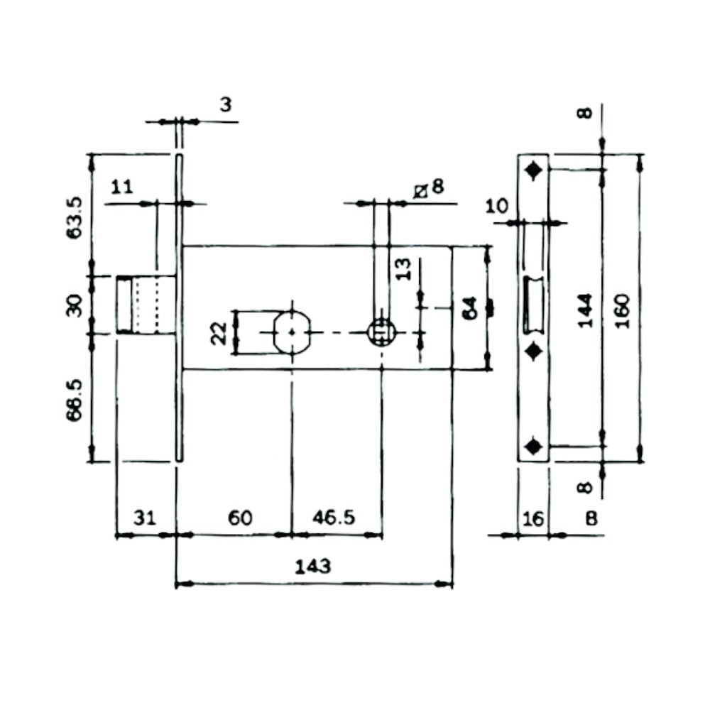 serratura da infilare per fasce in acciaio zincato con catenaccio e scrocco integrato ottone cilindro sfaccettato con diametro 22 mm