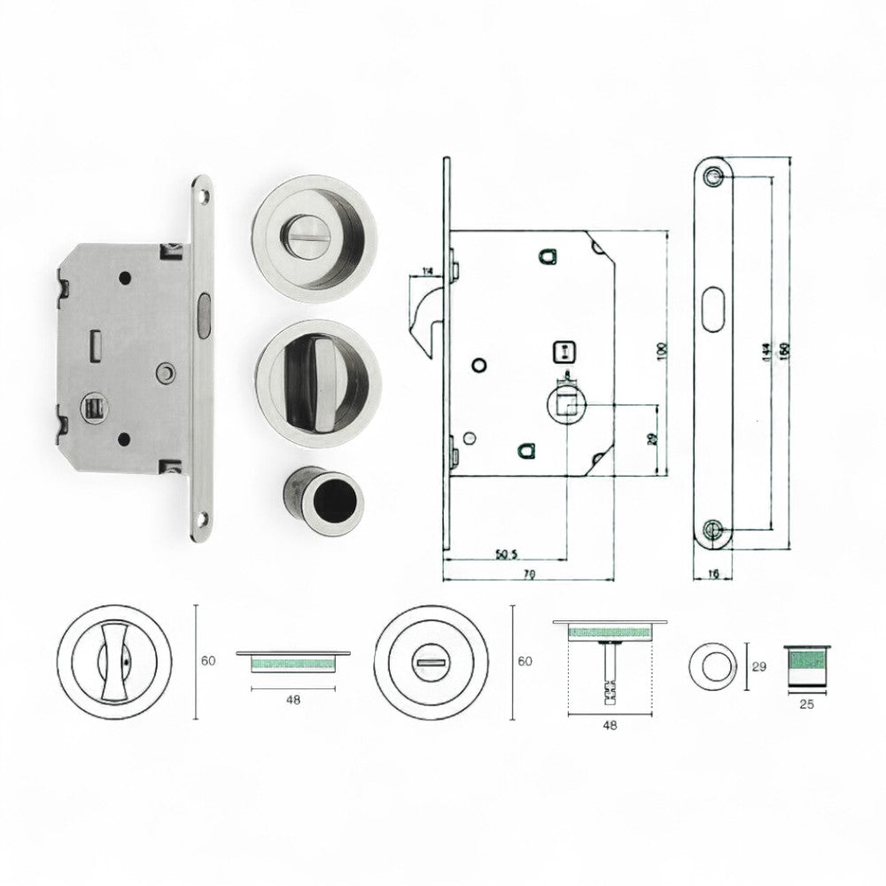 Serratura a infilare per porte scorrevoli tondo cromo satinato