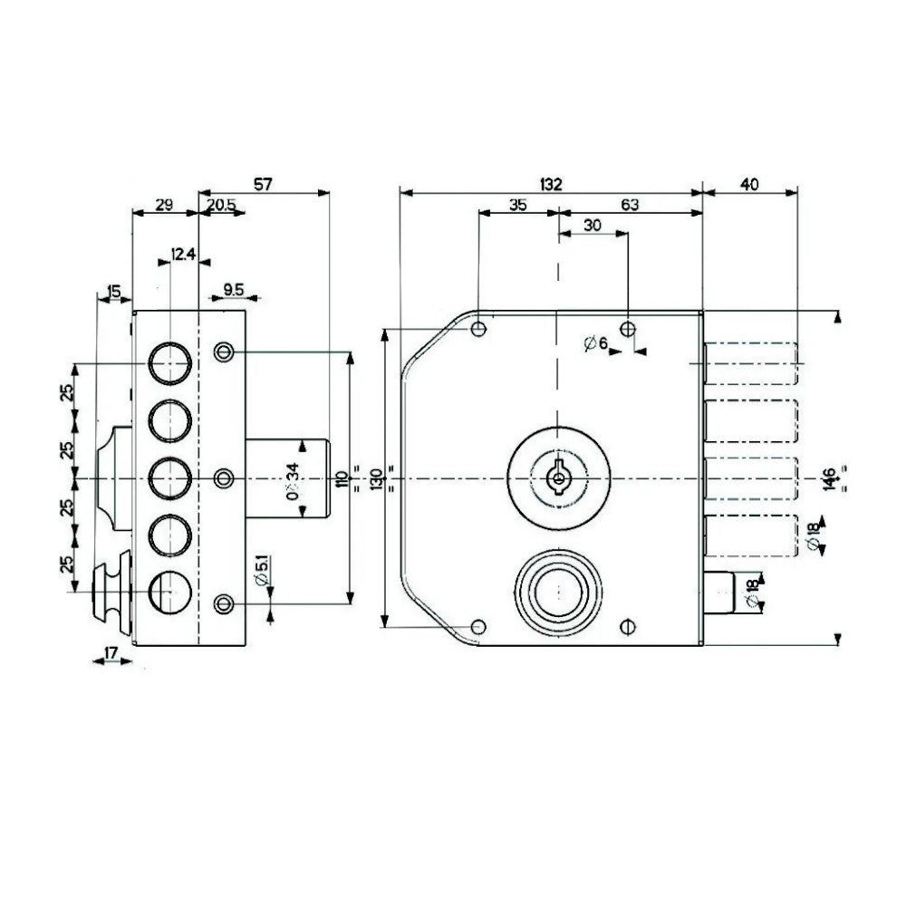Serratura quintuplice a pompa con mezzo giro e pomolo apertura interna cilindro esterno 30 lunghezza 60 mm chiavistelli 40 mm