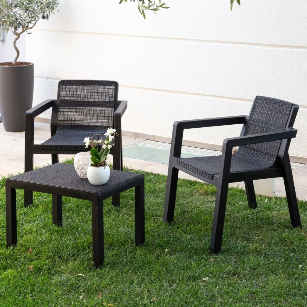 Set salotto composto da 2 sedie e un tavolino in resina riviera antracite da esterno