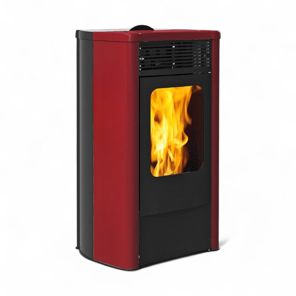 Stufa a pellet ventilata canalizzata 12 Kw in acciaio bordeaux con capacità serbatoio 24 Kg Laris