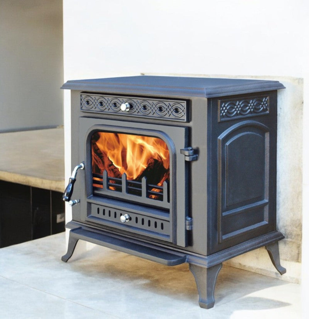 Stufa a legna in ghisa 10 kw con scarico fumi superiore e posteriore 63x43xH63 cm