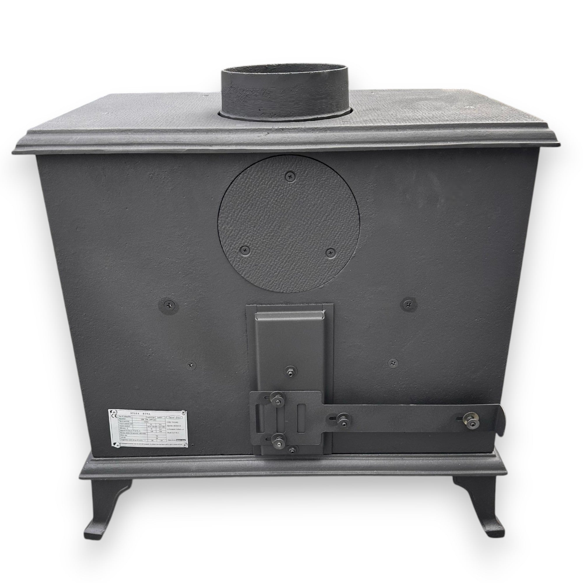 Stufa a legna in ghisa 10 kw con scarico fumi superiore e posteriore 63x43xH63 cm