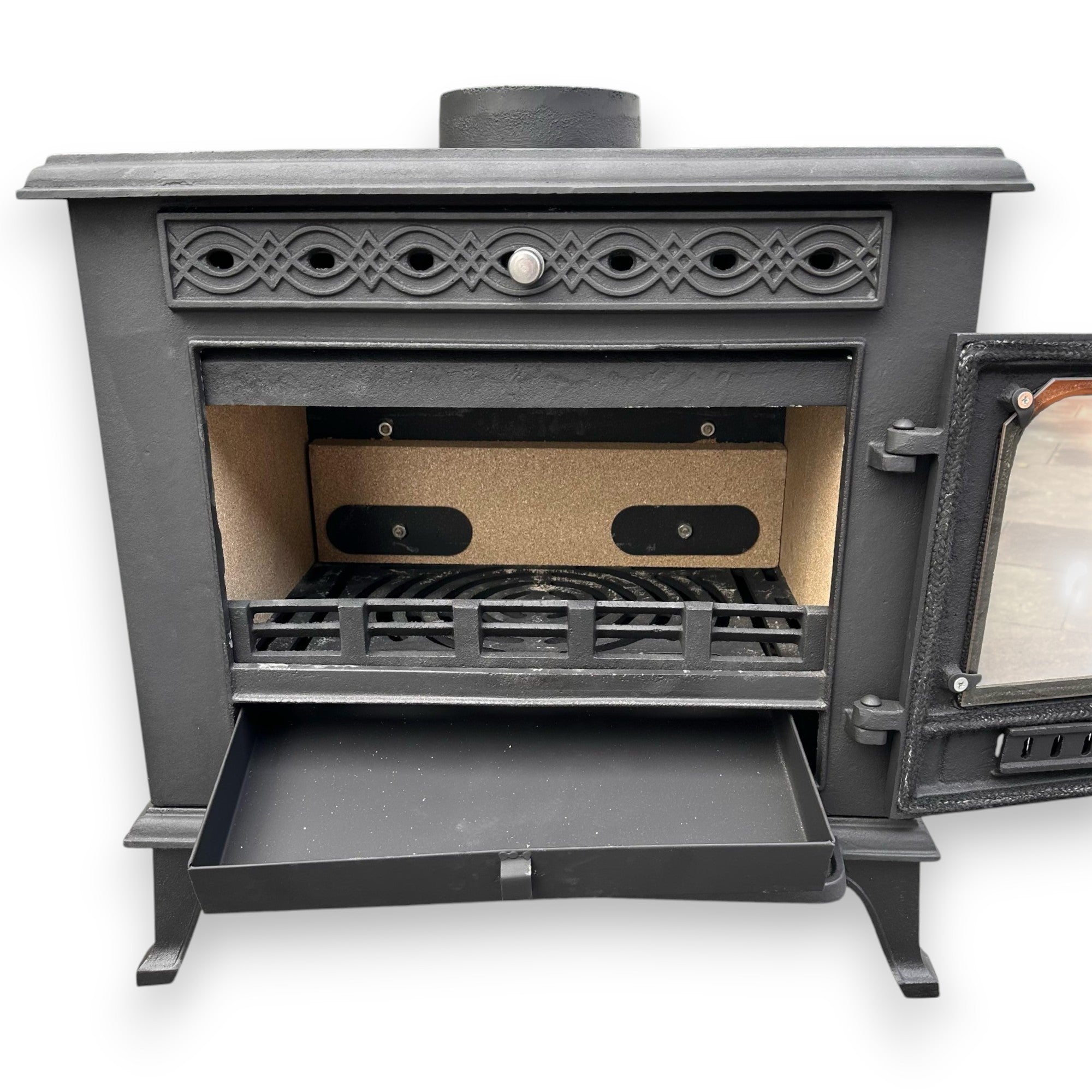 Stufa a legna in ghisa 10 kw con scarico fumi superiore e posteriore 63x43xH63 cm