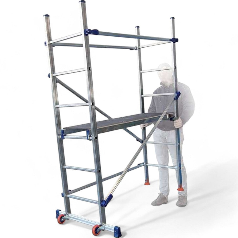 Trabattello in alluminio per uso domestico con piano lavoro in legno ganci di sicurezza altezza max 290 cm capacità 120 kg