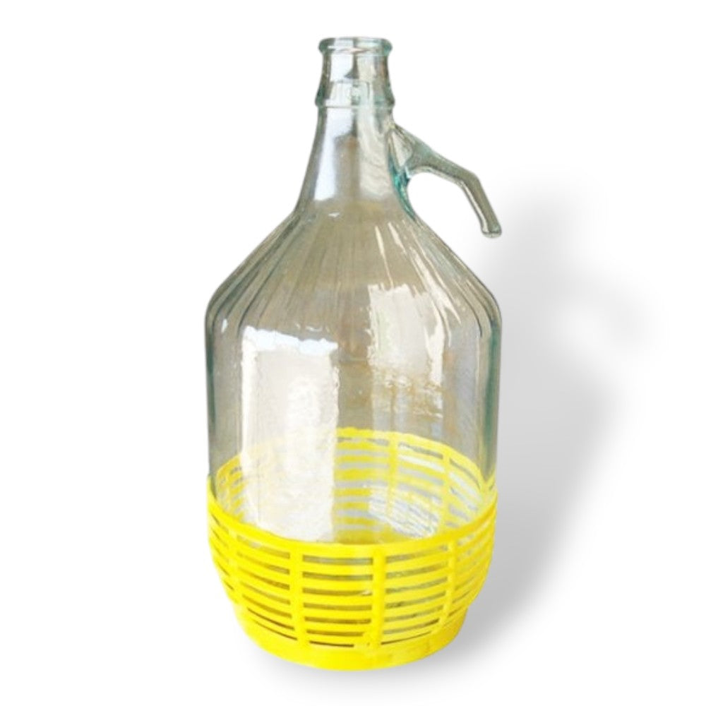 Damigiana in vetro 5 litri per olio e vino con cestino giallo in plastica predisposta per tappi a pressione