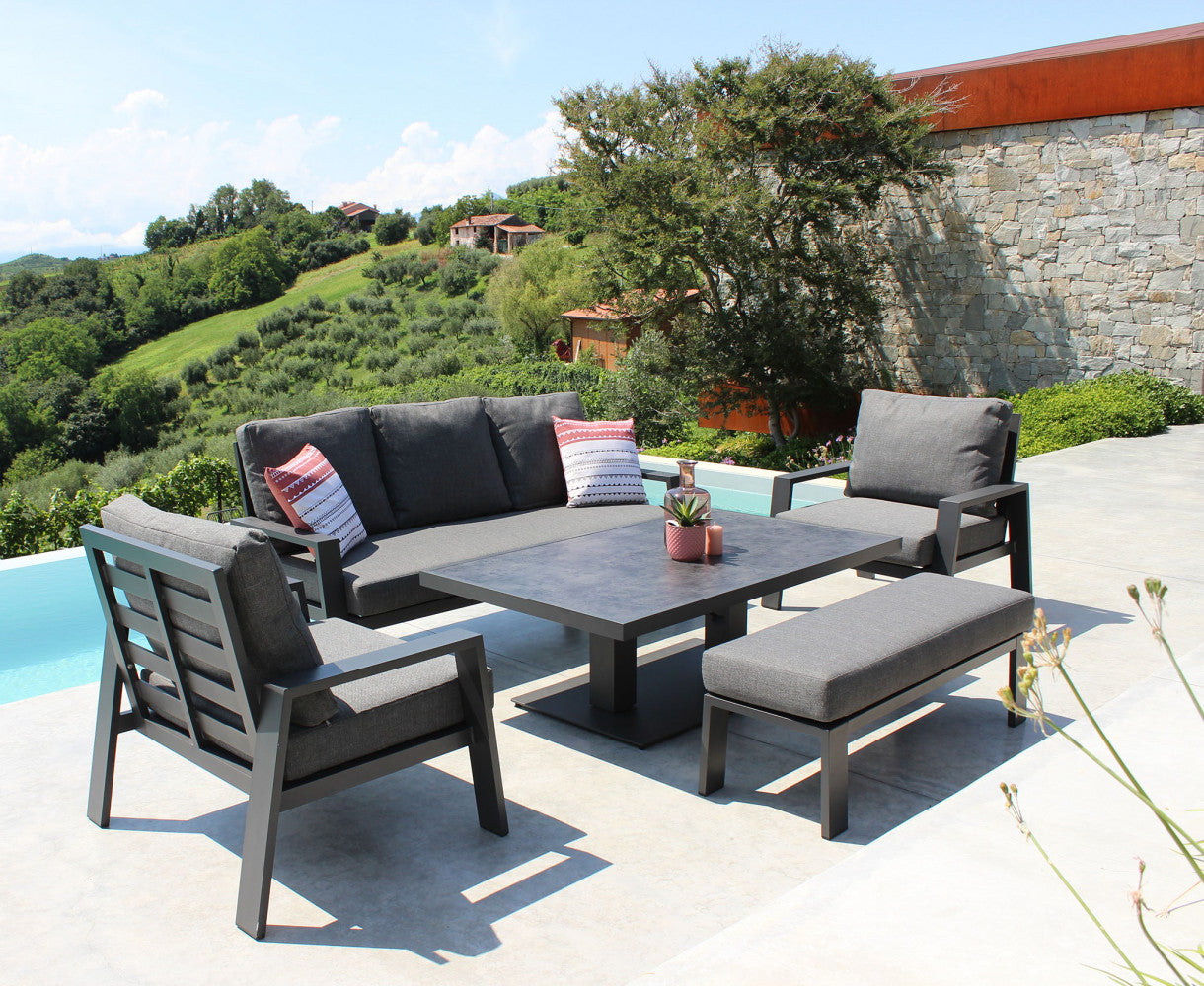 Salotto 7 posti da giardino con struttura in alluminio e tavolino altezza regolabile Paloma