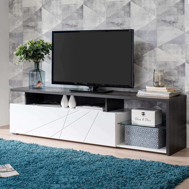 Mobile porta TV elegante da salotto soggiorno in legno con sportello bianco a ribalta e mensola in vetro Living TV