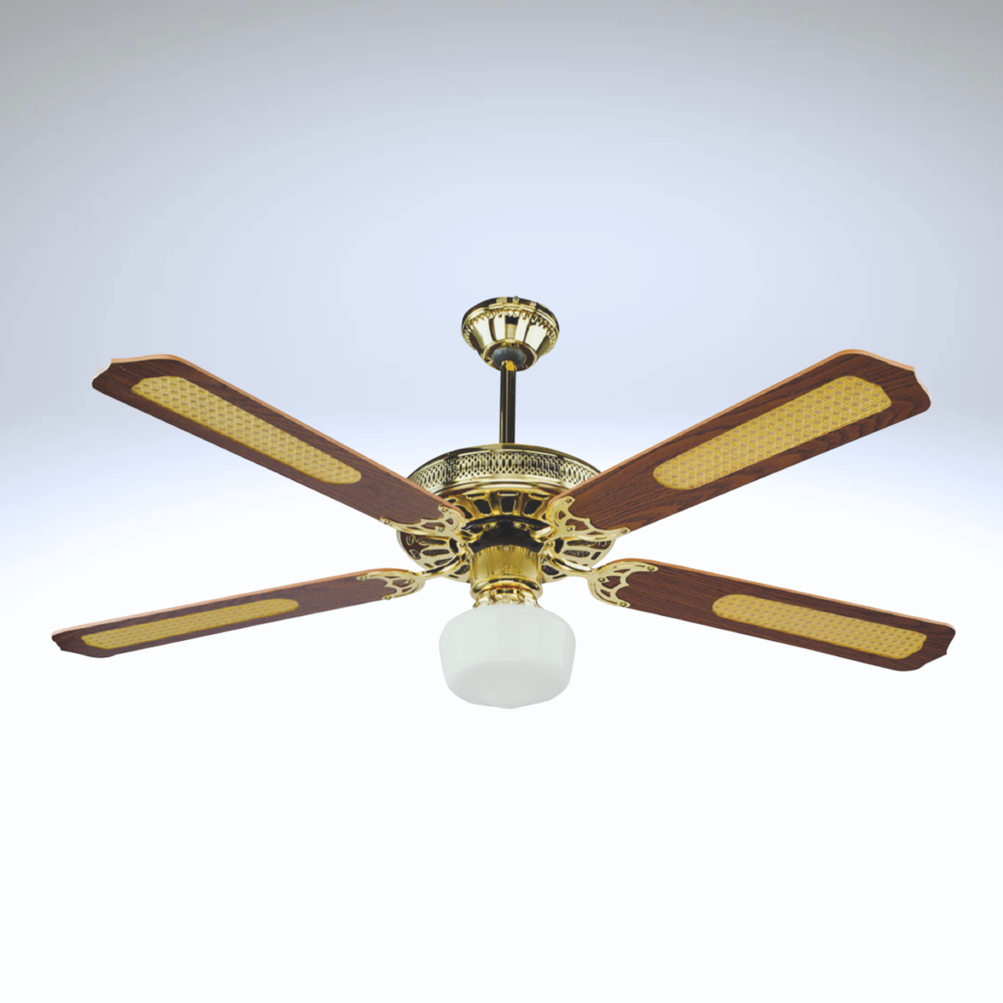 Ventilatore da soffitto con plafoniera 4 pale in legno finitura ottone e paglia  diametro 130 cm