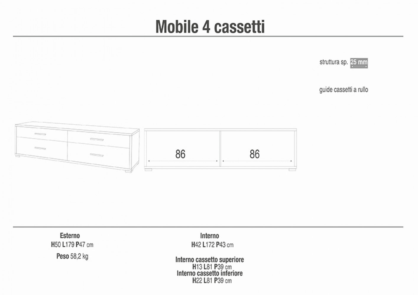 Mobile porta TV moderno con 4 cassetti in MDF colore bianco noce dimensioni 179x47x50 cm design elegante