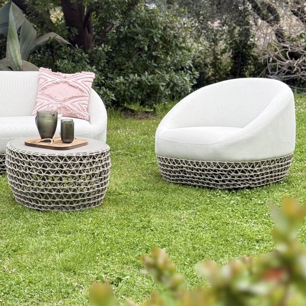 Poltrona girevole rotonda con struttura in alluminio e rivestimento in corde beige 91x91xH71 cm da esterno
