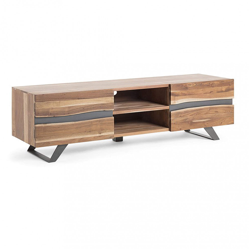 Mobile porta TV in legno di acacia con 2 ante e 2 ripiani Nister
