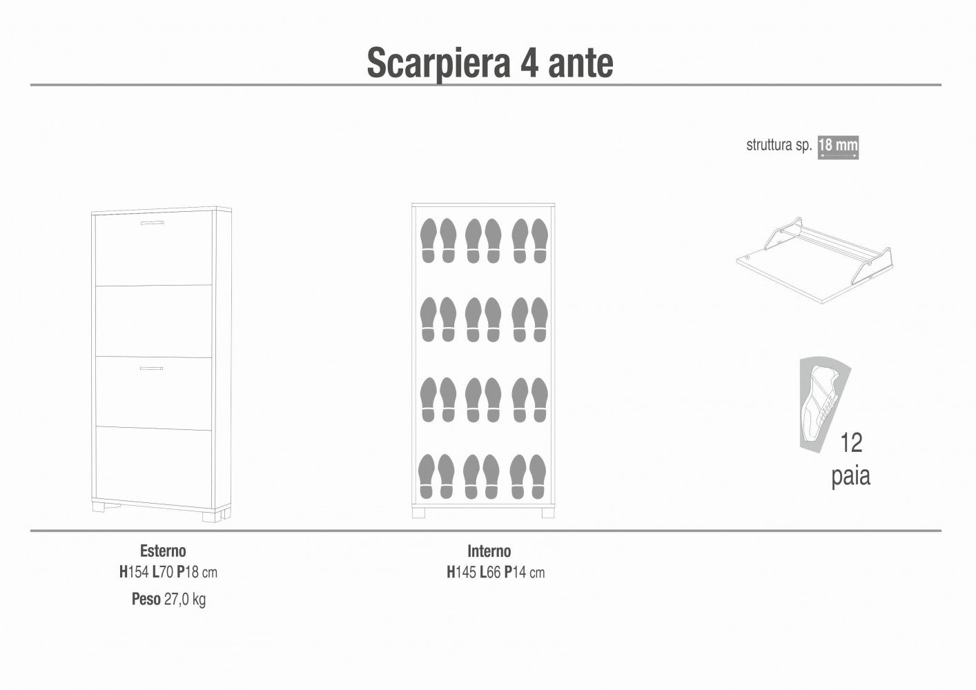 Scarpiera a 4 ante salvaspazio color noce stelvio e ossido bianco in MDF dimensioni 70x18x154 cm per ingresso e cameretta