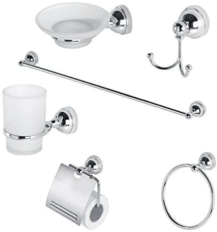 Set 6 accessori da bagno in acciaio e vetro satinato con fissaggio a muro Facile