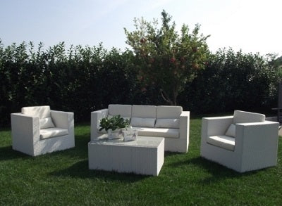 Salotto da esterno giardino 5 posti con struttura in alluminio rivestito in wicker intrecciato con cuscini Agustin