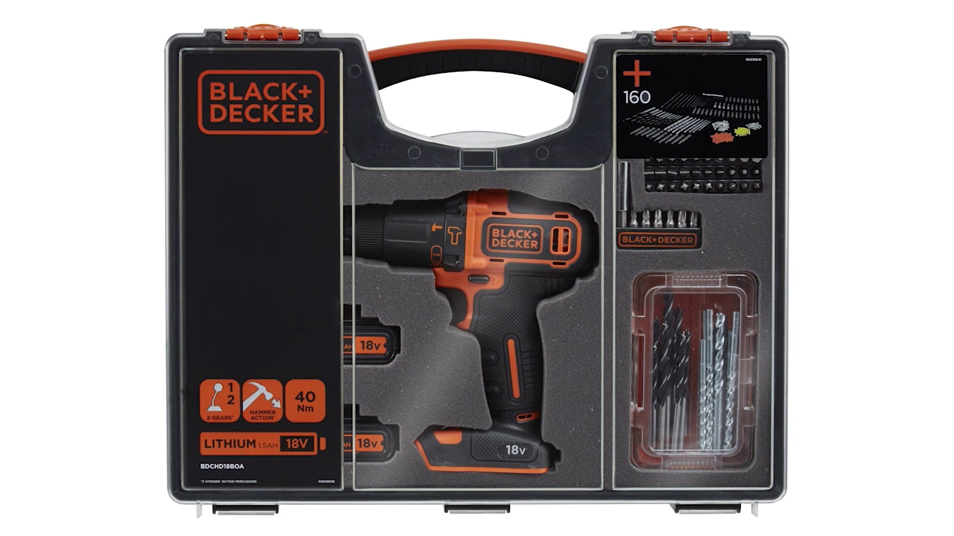 Trapano Avvitatore con valigetta premium contenente doppia batteria + 160 accessori BLACK+DECKER BDCHD18BOA