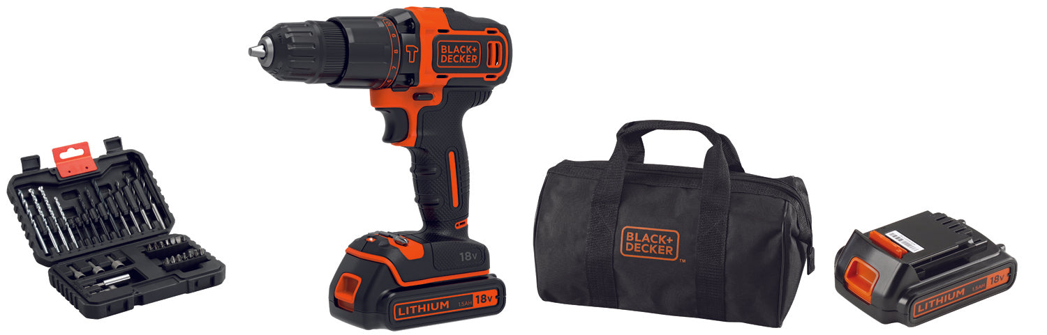 Trapano Avvitatore a Percussione 18V in borsa multiuso con set 32 accessori BLACK+DECKER BDCHD18S32