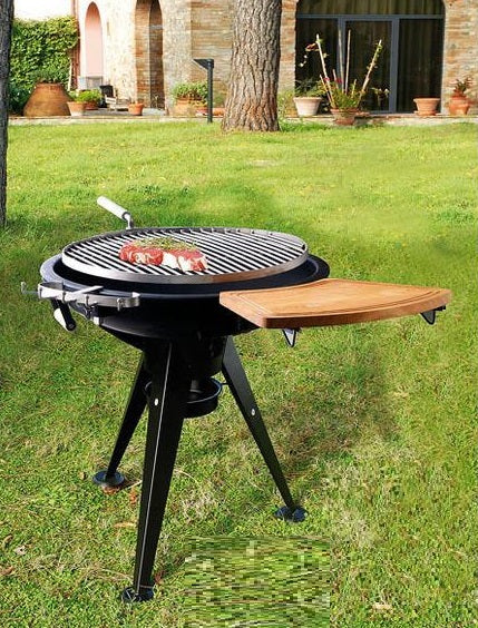 Barbecue a carbone con struttura in acciaio e piano laterale in legno