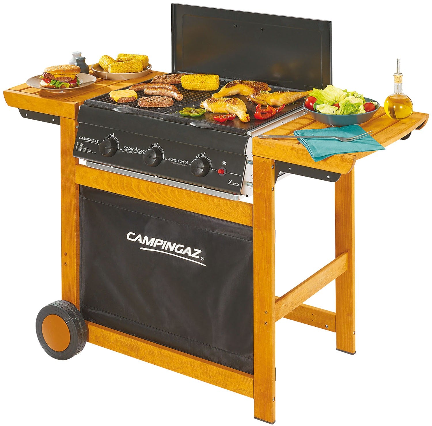 Barbecue a gas con struttura in faggio con piano cottura a griglia e a piastra - Campingaz Dual Gas Adelaide 3 Woody