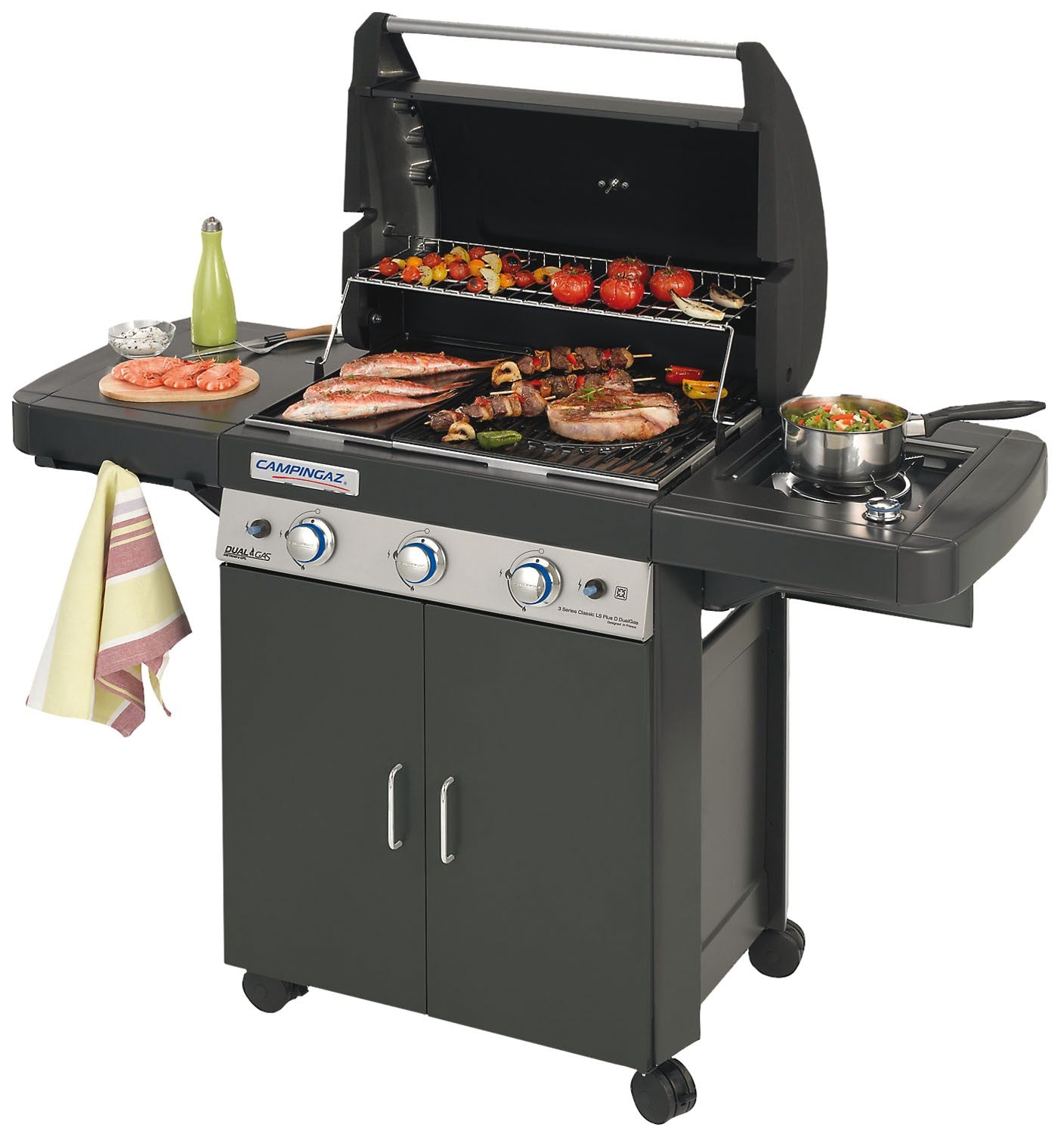 Barbecue a gas Campingaz Dual Gas 3 Series Classic LS Plus Dark con carrello e ante frontali e fornello laterale