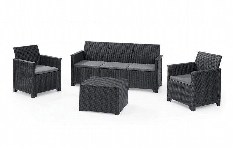 Salotto da giardino in resina effetto rattan divano tre posti tavolo più due poltrone Emma Lounge Keter