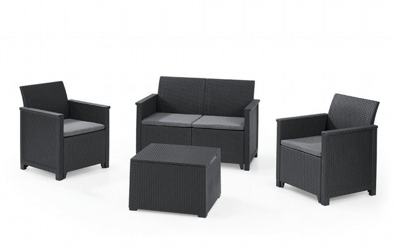 Salotto da giardino in resina effetto rattan divano due posti tavolo più due poltrone Emma Lounge Keter