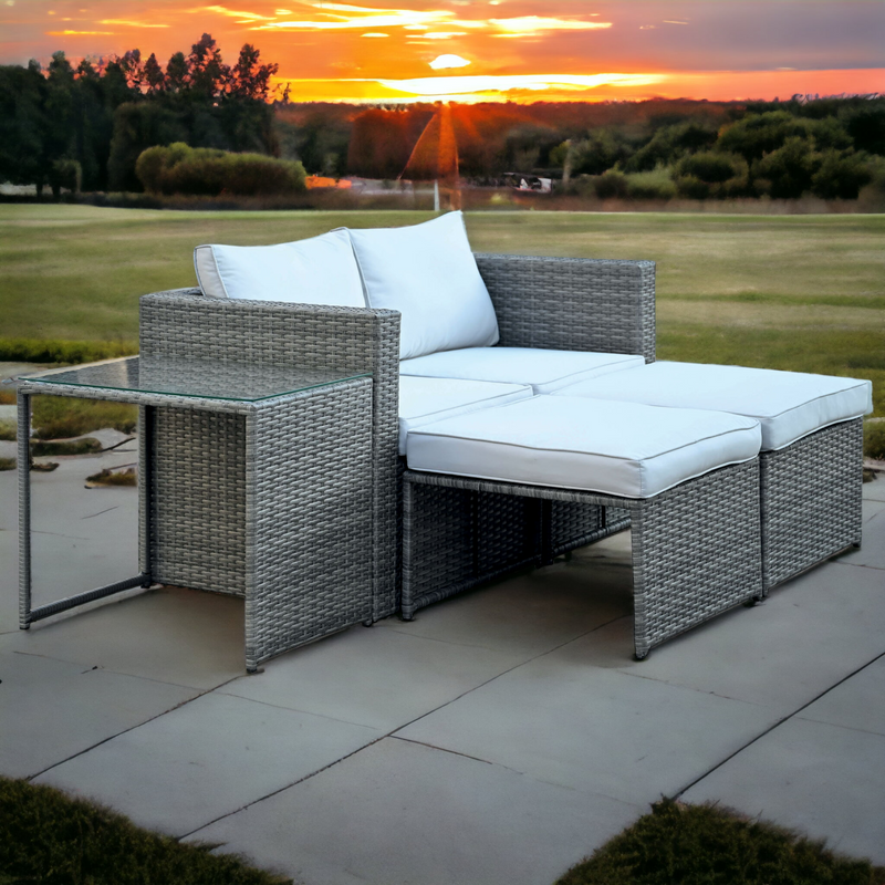 Salotto divano chaise lounge modulare da esterno in alluminio e rattan con cuscini da giardino Combo Grigio