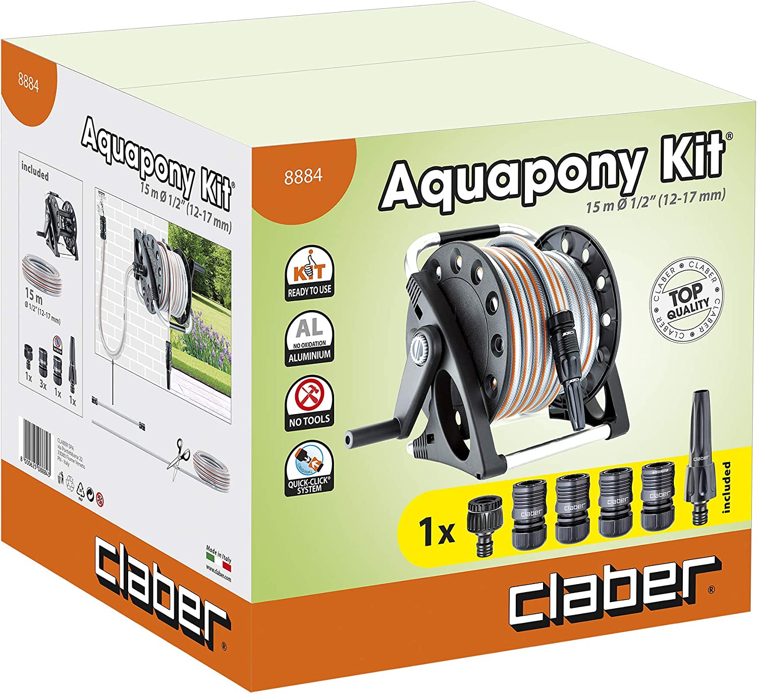 Tubo irrigazione 15 mt + avvolgitubo, raccordi e rubinetto AQUAPONY KIT 8884 CLABER