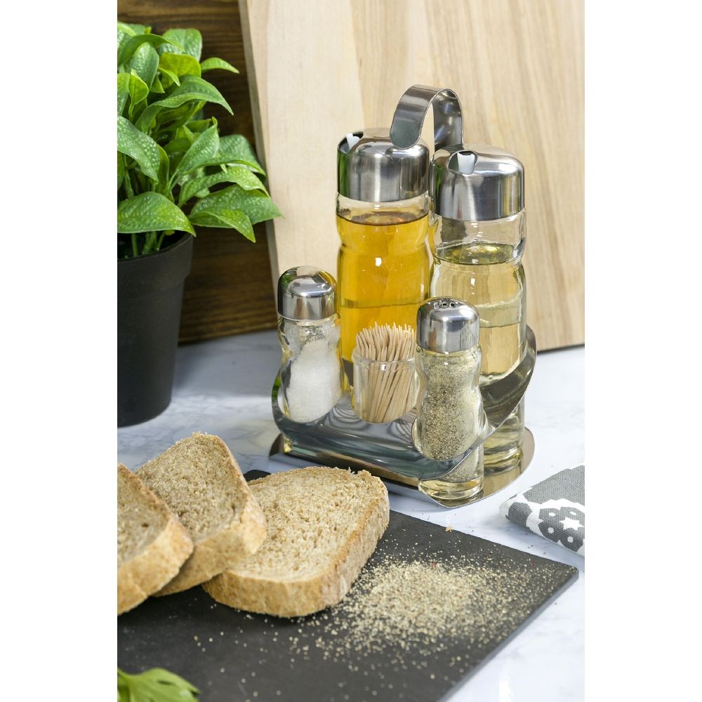 Set condimento da tavola olio aceto sale e pepe in vetro con tappo salvagoccia e stand in acciaio SìChef