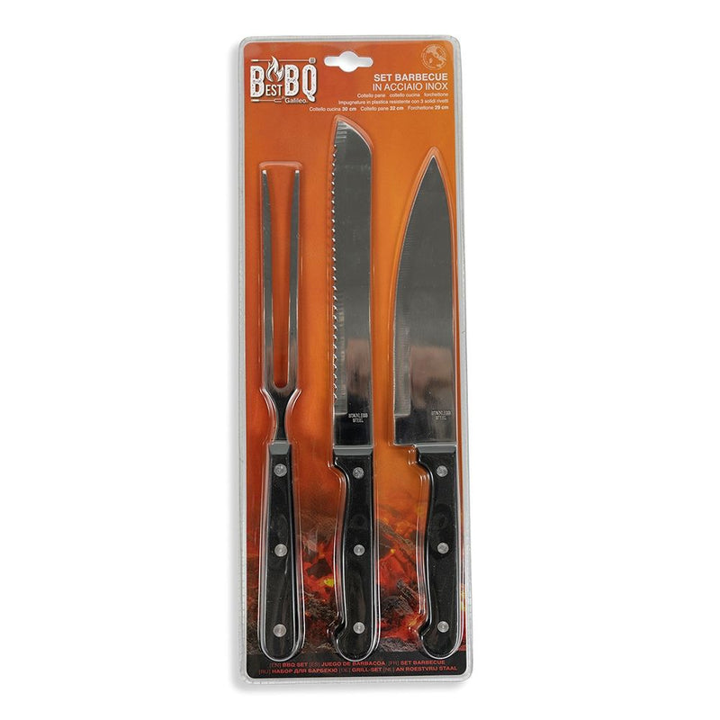 Set 3 utensili per barbecue in acciaio inox,forchettone, coltello pane e cucina, BestBQ