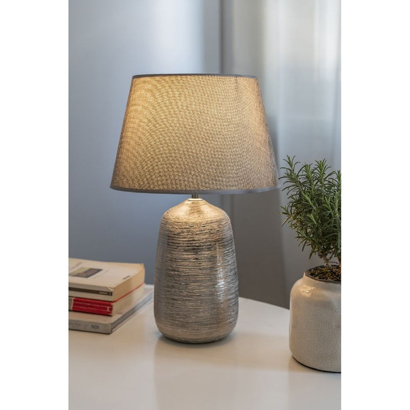 Lampada da tavolo, base rotonda in ceramica, paralume in stoffa 40W, Modern