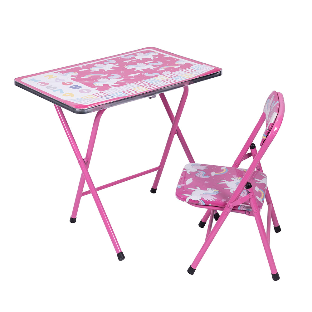 Scrivania set mini tavolo e sedia pieghevoli con struttura in metallo decorato per bambini