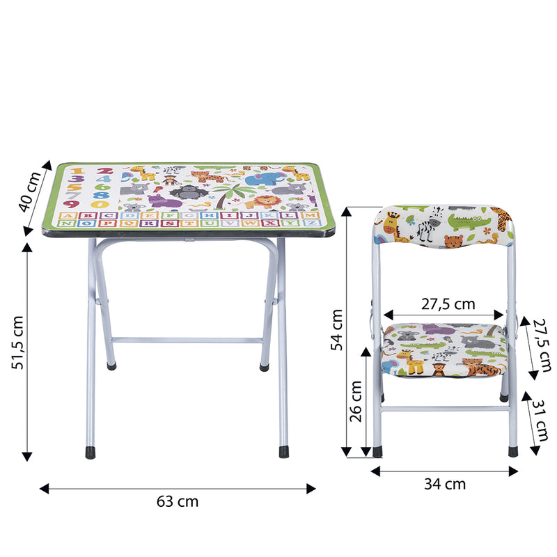 Scrivania set mini tavolo e sedia pieghevoli con struttura in metallo decorato per bambini