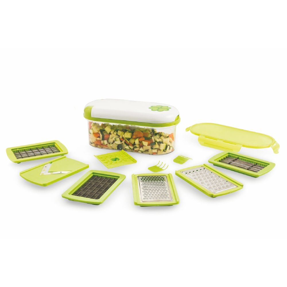 Taglia verdure affettatutto grattugia con lame in acciaio 8in1 con 12 accessori e contenitore Sì Chef